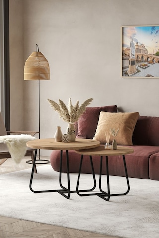 Üsküp Orta Sehpa Takımı Siyah Metal - Atlantik Çam Tabla