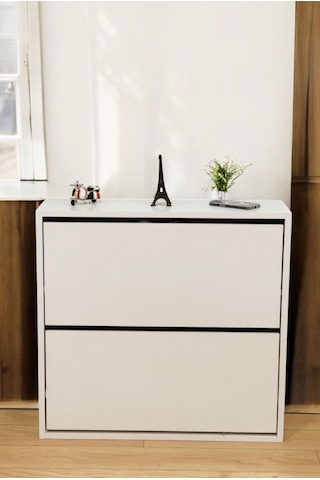 Düşer Kapaklı Ayakkabılık 4 Bölmeli 2 Kapaklı Kayar Raflı Dolap Beyaz