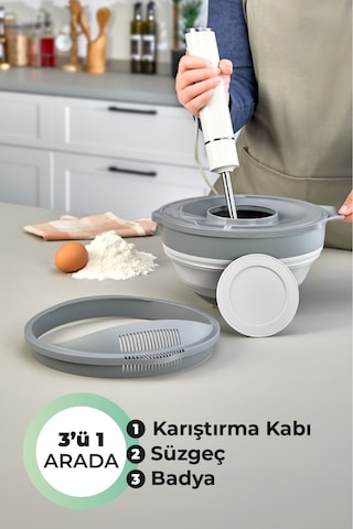 3'ü 1 Arada Katlanabilen Mikser Karıştırma Kabı, Süzgeç, Badya 4 Parça Mutfak Hazırlık Ve Çeyiz Seti Gri