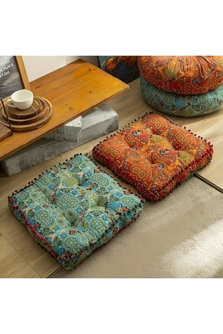 Trendooze Boho Turkuaz Mavi Yastık Püsküllü Sarı Turuncu Polyester Yatak Yumuşak Turuncu