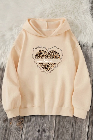 Kalp Baskılı Erkek - Kız Çocuk Rahat Kalıp Sweatshirt Bej