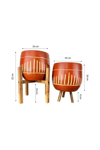 Bitki Tasarımı Ev Dekorasyon Aksesuar Dik Çizgi Desenli Toprak Saksı Saksılık Salon Çiçeklik İkili Set 3 Ayaklı- 4 Ayaklı- 19 CM