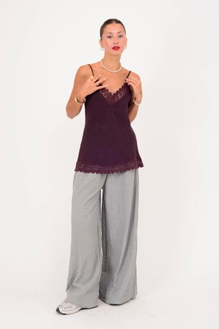 Dantel Detaylı Askılı Keten Bluz-10386 Mürdüm