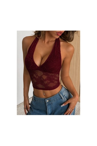 Wild Flower Dantel Detaylı Crop Atlet Halter Yaka Yazlık Şık Üst Bluz Bordo