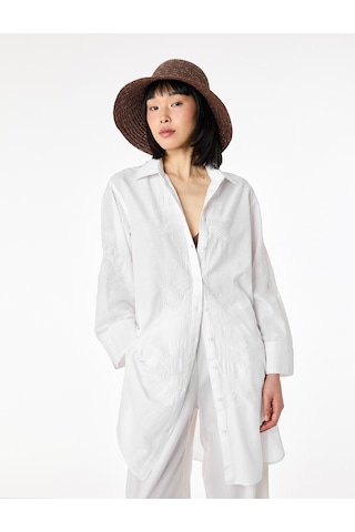 Koton Pamuklu Floral Nakış Detaylı Brodeli 3/4 Kollu Gömlek Yaka Oversize Tunik Elbise Kırık Beyaz 6sak60013ew Ekru