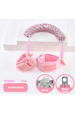Babyplay Çocuklar İçin Kaybolma Önleyici Bileklik 2 Metre- Reflektörlü, Anahtarlıklı, Sağlam, Güvenli Tasarım Pembe