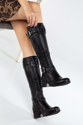 Analin Shoes Kadın Hakiki Deri Körüklü Ayarlanabilir Tokalı Çizme Siyah