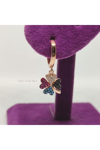 Renkli Yonca Gümüş Halka Küpe - Rose Bakır Beyaz