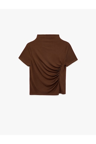 Koton Modal Karışımlı Slim Fit Drape Detaylı Dik Yaka Kısa Kollu Tişört Kahverengi 6sak70014ek Kahve