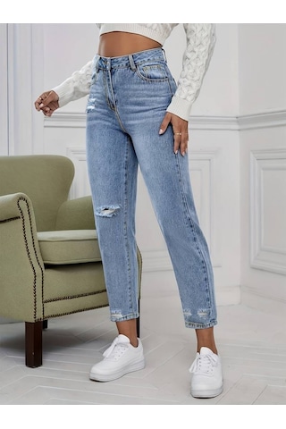 Epilons Zenda1125 Kadın Açık Mavi Yırtık Mom Fit Kot Pantolon Zenda478