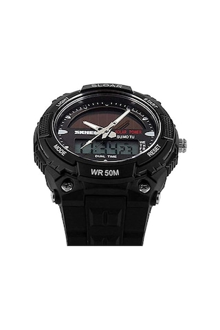 Erkekler Güneş Enerjili Sıradan Kuvars İzle Dijital Ve Analog Çok Fonksiyonlu Spor Saati Siyah Siyah