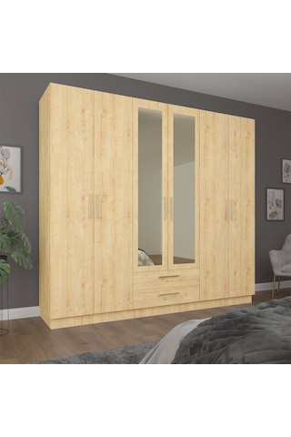 Asra Trend 6 Kapaklı Gardırop G-05 %100 MDF 2 Çekmeceli Aynalı Elbise Dolabı Safir Meşe
