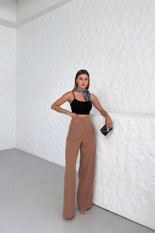 Defymoda Yüksek Bel Pensli Palazzo Pantolon Vizon