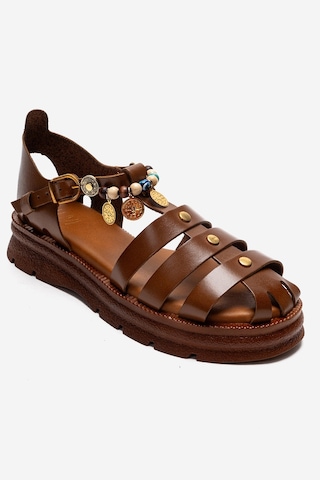 Luvishoes Solıs Taba Hakiki Deri Boncuklu Kadın Sandalet