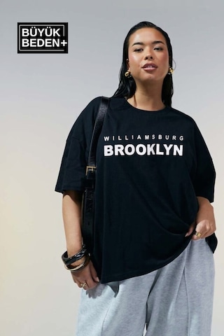 Superlife Kadın Büyük Beden Willams.brooklyn Baskılı Bisiklet Yaka Tshırt Spr25btsk15 Siyah