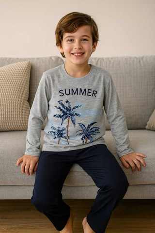 Çocuk Pijama Takımı %100 Pamuk Gri