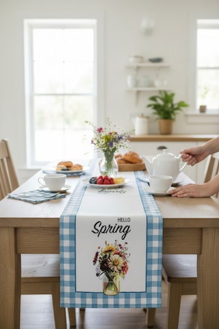 Masa Örtüsü Runner Bahar Temalı Hello Spring 140x40 Raşel Örme Kadife Dijital Baskı Çok Renkli