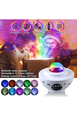 Beyaz Yıldızlı Gökyüzü Projektör Müzik Yıldızlı Su Dalgası Led Lamba Yatak Odası Için Bluetooth Ses Aktif Yıldız Gece Lambası Beyaz