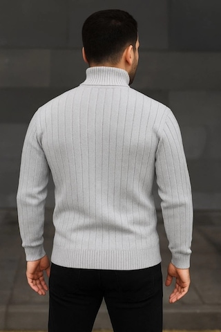 Erkek Balıkcı Yaka Bağazlı Triko Kazak Pamuklu Kalın Fitilli Dokuma, Regular Fit Uzun Kollu Kışlık M Gri