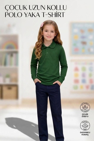Erdem Kıds Unisex Kız Erkek Çocuk Polo Yaka Pamuklu Uzun Kol Nefti Yeşil Günlük Basic Okul Tişört Nefti Yeşil Nefti Yeşil