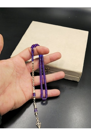 Özel Tasarım Alpaka Püsküllü Ateş Kehribar Bilek Boy Tespih 4,5x7 Mm Mor Gümüş