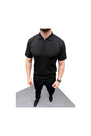 Efnaz Style Erkek Yazlık Triko Saç Örgü Tişört Kısa Kol Polo Yaka Fermuarlı T-shirt - Siyah Bej