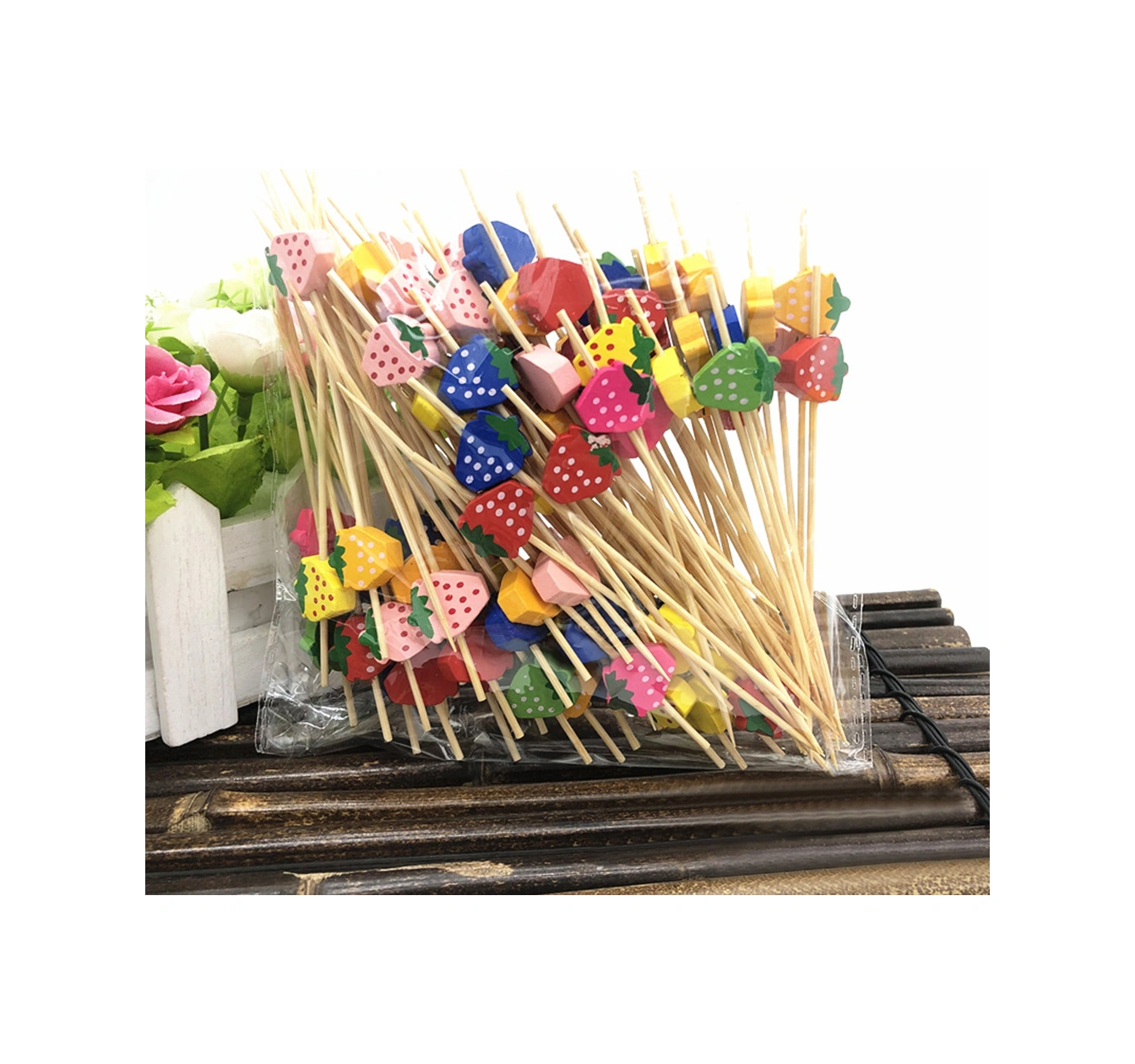 Youmex Bambu Meyve Çataları 100 Adet - Renkli Çilek Desenli, Kokteyl, Sandviç Ve Tatlı İçin Güvenli Ve Şık Kullanim Diğer