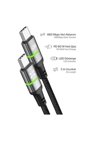 Xenon Smart Type C Hızlı Şarj Kablosu Type-c To Type-c 60w 480 Mpbs 2m Pd Örgü Led Göstergeli X6422