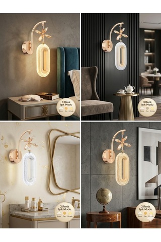 Elips Model Sarkıt 3 Renk Gold Kaplama Oturma Yatak Çocuk Odası Duvar Led Aplik Kumandalı Altın