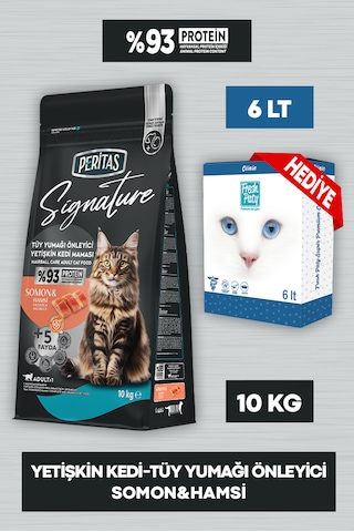 Signature Somonlu Yetişkin Tüy Yumağı Önleyici Kedi Maması 10 Kg Fresh Paty Clinic 6 Lt Kum Hediyeli