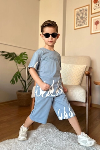 Yeni Sezon Alev Desenli Mavi Renk Erkek Çocuk Şortlu Takım Mavi