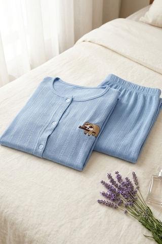 Aura Collections Kadın Ayıcık Desenli Bambu Viskon Kısa Kollu Soft Örme Pijama Takımı Mavi