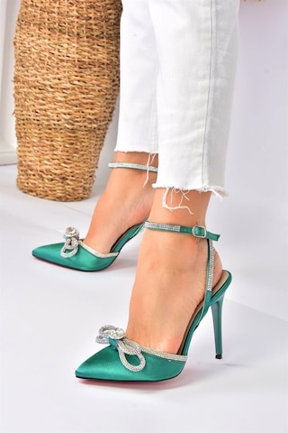 Fox Shoes Yeşil Saten Kumaş Taşlı Kadın Topuklu Ayakkabı K6540512
