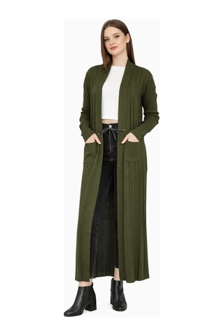 Onno Style Woman Standart Beden Uzun Triko Fitilli Kadın Ceket Haki