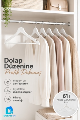Beyaz Ahşap Görünümlü Elbise Askısı 6 Lı Plastik Kıyafet Askısı Dolap İçi Gardırop Düzenleyici 44x22 Cm