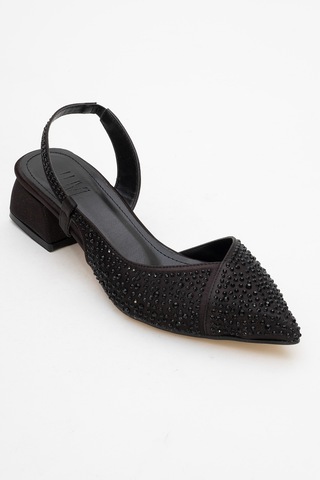 Luvishoes Luvi Shoes Sella Siyah Saten Taşlı Kadın Kısa Topuklu Ayakkkabı Siyah