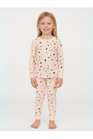 Kız Çocuk Dinozor Baskılı Pamuklu Pijama Takımı-16054 Pudra