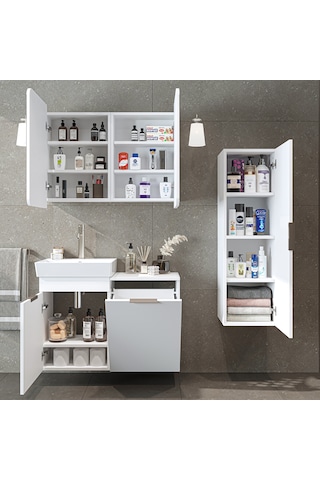 Dubai Mdflam Sepetli Banyo Dolabı Seti, Lavabolu Alt Dolap + Aynalı Banyo Üst Dolabı + Boy Dolabı Beyaz
