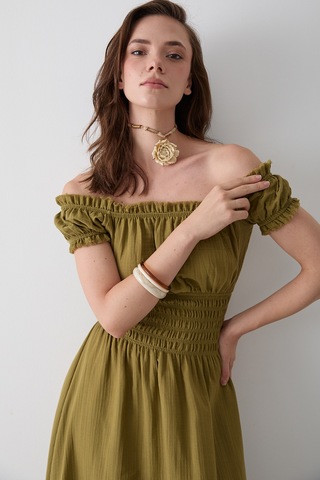 Haki Büzgülü Elbise - 2002 Haki