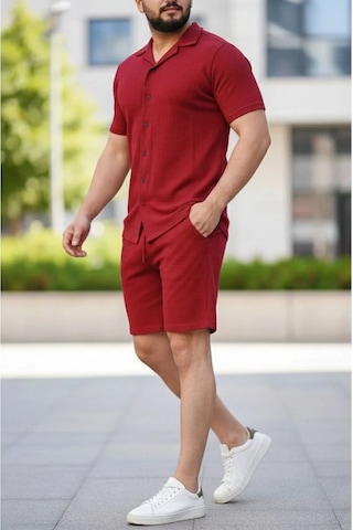Assema Erkek Waffle Kısa Kollu Gömlek Şort Takım Regular Fit İkili Set - Bordo Çok Renkli