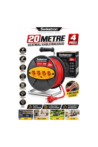 Swisstron Sws20kms Seyyar Atölye Ve Ev Tipi 4 Prizli Makaralı Uzatma Kablosu 3x2,5mm 20 Metre 20 M