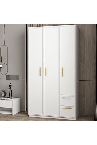Vespera Çıta Detaylı 3 Kapaklı, Çekmeceli Gardırop Beyaz, 90 Cm