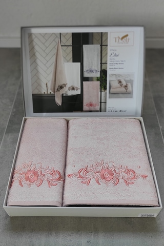 Nakışlı Bambu Banyo Havlu Takımı Pudra