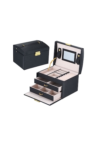Sones Basit Taşınabilir Mücevher Kutusu Küpe Yüzük Saklama Konsolidasyon Kutusu Çekmeceli, Boyut: 17,5 X 14 X 13 Cm Siyah