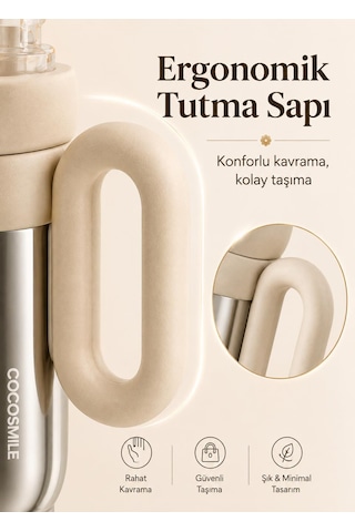 Cocosmile Cs-8827 Krem Bej 760 Ml Çift İçim Paslanmaz Çelik Termos Mug Matara Askılı