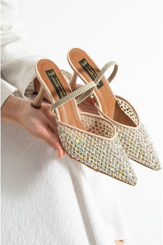 Lebibe Shoes Mına Kadın Bej File Taşlı 7 Cm Topuklu Slingback Sivri Burun Abiye Ayakkabı