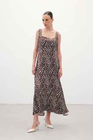 Sateen Kare Yaka Zebra Desenli Elbise - Kahve-136359 Kahve