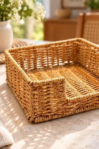 Tr Hasır Rattan Kare Peçetelik 18x18x6.5 Cm - Masa Üstü Kolay Çekme Oyuklu Peçete Sunum Sepeti Genel