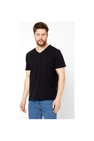 Erkek Indigo %100 Pamuk Basıc Regular Fit Pamuklu Kısa Kollu V Yaka T-shirt SIYAH