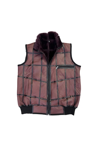 Içi Kürk-Dışı Süet Gerçek Deri Yakalı Ve Trikolu Yelek Bordo